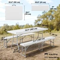 Outsunny 6FT 3-Piece Portable Outdoor Camping Table Bench Set with Carrying Handles, Folding Picnic Table with 2 Benches, White(m-3)
