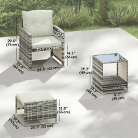 Outsunny 5 Piece Patio Furniture Set, Wicker Patio Chairs with Ottomans, 2-Tier Glass Coffee Table and Cushions, Grey/Cream White(m-3)