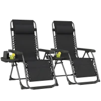 Outsunny Zero Gravity Chair Set of 2, Folding Reclining Outdoor Lounge Chair with Cup Holder, Headrest, Black(m-11)
