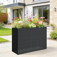 Outsunny Tall Rectangular Planter with Removable Liner, Holes, PE Wicker Large Planter Box for Indoor Outdoor Plants, Black(m-2)