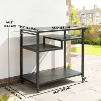 Outsunny Outdoor Grill Cart, BBQ Stand, Three-Shelf Pizza Oven Stand with Hooks, Garbage Bag Holder, Wheels, Black(m-3)