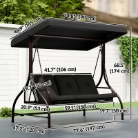 Outsunny Convertible Patio Swing Bed with Canopy and Cushions, 3 Seater Porch Swing for Outdoor, Backyard, Garden, Black(m-3)