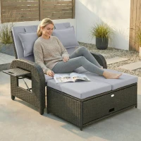 Outsunny Patio Rattan Daybed, Wicker Outdoor Daybed with Storage Ottoman, Loveseat w/ Adjustable Backrest, Side Tables, Gray(m-2)