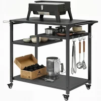 Outsunny Outdoor Grill Cart, BBQ Stand, Three-Shelf Pizza Oven Stand with Hooks, Garbage Bag Holder, Wheels, Black(m-2)