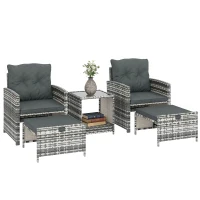 Outsunny 5 Piece Patio Furniture Set, Wicker Patio Chairs with Ottomans, 2-Tier Glass Coffee Table and Cushions, Grey/Dark Grey(m-11)