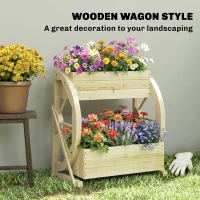 Outsunny Wooden Wagon Planter Box, 2-Tier Raised Garden Bed, for Vegetables Flowers Herbs, Natural(m-4)