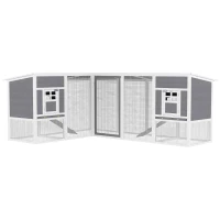PawHut Chicken Coop with Run, L-Shaped Wooden Chicken House with 2 Houses, Outdoor Hen House with Waterproof Roof and Ramps(m-11)