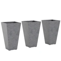 Outsunny 28" Tall Planters, Set of 3 Plastic Flower Pots with Marble Finish and Drainage Holes, Stackable Taper Planters, Gray(m-1)