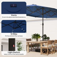 Outsunny Garden Parasol 14.4ft Double-Sided Sun Umbrella with Base, Patio Parasol with LED Solar Lights, Navy Blue(m-5)