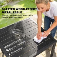 Outsunny Outdoor Dining Set for 4, Faux Wood Metal Patio Table and Stackable Chairs with Plastic Rattan Effect Seat, Black(m-5)