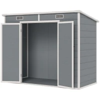 Outsunny 8' x 4' Plastic Outdoor Storage Shed with Floor, Window, Lockable Doors and Vents for Backyard Patio Lawn, Gray(m-1)