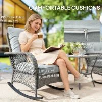 Outsunny Rocking Bistro Set, 3 Piece Wicker Patio Furniture with High Back Rocking Chairs and 2-Tier Glass Table, Light Grey(m-6)
