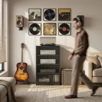 HOMCOM Media Cabinet, 4-Tier Stereo Cabinet for Vinyl Record Player, Gaming Console, AV Record Player Stand with Adjustable Shelves, Push-to-Open Glass Doors and Cable Management, Distressed Black(m-9)