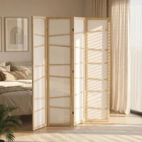 HOMCOM 66.9" Folding Room Divider, 4 Panel Wall Partition with Wood Frame for Bedroom, Home Office, Natural Wood(m-8)
