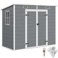 Outsunny 8' x 4' Plastic Outdoor Storage Shed with Floor, Window, Lockable Doors and Vents for Backyard Patio Lawn, Gray(m-11)