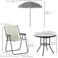 Outsunny 6 Pieces Patio Dining Set with Umbrella, Patio Furniture Set with Folding Chairs, Glass Table for Garden Backyard, Cream White(m-3)