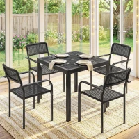 Outsunny Outdoor Dining Set for 4, Faux Wood Metal Patio Table and Stackable Chairs with Plastic Rattan Effect Seat, Black(m-10)
