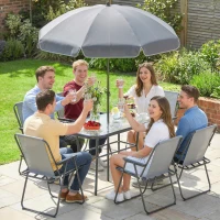 Outsunny 8 Piece Patio Table and Chairs Set with Folding Chairs, Tempered Glass Tabletop and Umbrella for Garden, Grey(m-10)