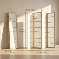 HOMCOM 66.9" Folding Room Divider, 4 Panel Wall Partition with Wood Frame for Bedroom, Home Office, Natural Wood(m-3)