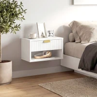 HOMCOM Set of 2 Wall Mounted Bedside Tables, Floating Nightstands with Fluted Drawer and Open Shelf for Bedroom, White(m-10)