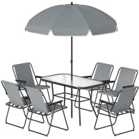 Outsunny 8 Piece Patio Table and Chairs Set with Folding Chairs, Tempered Glass Tabletop and Umbrella for Garden, Grey(m-2)