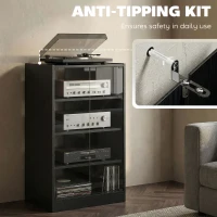 HOMCOM Media Cabinet, 4-Tier Stereo Cabinet for Vinyl Record Player, Gaming Console, AV Record Player Stand with Adjustable Shelves, Push-to-Open Glass Doors and Cable Management, Distressed Black(m-8)
