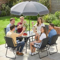 Outsunny 8 Piece Patio Table and Chairs Set with Folding Chairs, Tempered Glass Tabletop and Umbrella for Garden, Black(m-10)