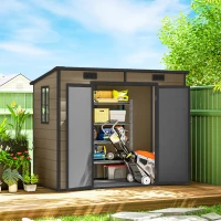 Outsunny 8' x 4' Plastic Outdoor Storage Shed with Floor, Window, Lockable Doors and Vents for Backyard Patio Lawn, Light Brown(m-10)