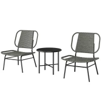 Outsunny 3 Piece Wicker Patio Furniture Set, Outdoor Bistro Set with Steel Table, Rattan Outdoor Conversation Furniture, Grey(m-2)