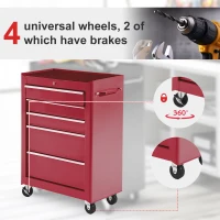 HOMCOM 5-Drawer Rolling Tool Cabinet on Wheels, Lockable Tool Chest, Tool Organizer for Garage, Factory and Workshop, Red(m-5)