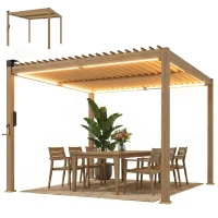 Outsunny 10' x 10' Louvered Pergola with Solar LED lights, Metal Roof, Outdoor Pergola Patio Gazebo with Drainage Gutters, Brown(m-11)