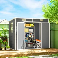 Outsunny 8' x 4' Plastic Outdoor Storage Shed with Floor, Window, Lockable Doors and Vents for Backyard Patio Lawn, Gray(m-10)