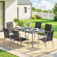 Outsunny 7 Piece Garden Dining Set, Garden Furniture Set with Rectangle Table and 6 Stackable Chairs(m-1)