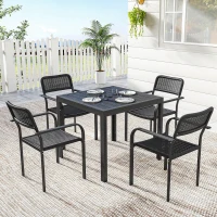 Outsunny Outdoor Dining Set for 4, Faux Wood Metal Patio Table and Stackable Chairs with Plastic Rattan Effect Seat, Black(m-8)