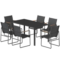 Outsunny 7 Pieces Outdoor Dining Set for 6, Glass Patio Table and Chairs with Decorative Armrests, All Weather Mesh, Black(m-2)