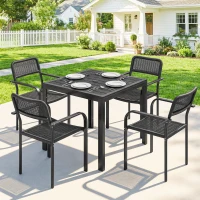 Outsunny Outdoor Dining Set for 4, Faux Wood Metal Patio Table and Stackable Chairs with Plastic Rattan Effect Seat, Black(m-1)