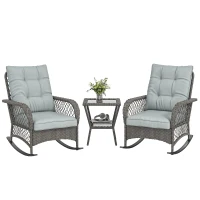 Outsunny Rocking Bistro Set, 3 Piece Wicker Patio Furniture with High Back Rocking Chairs and 2-Tier Glass Table, Light Grey(m-11)