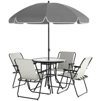 Outsunny 6 Pieces Patio Dining Set with Umbrella, Patio Furniture Set with Folding Chairs, Glass Table for Garden Backyard, Cream White(m-2)