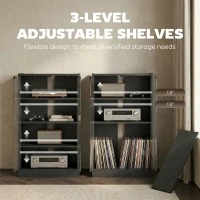 HOMCOM Media Cabinet, 4-Tier Stereo Cabinet for Vinyl Record Player, Gaming Console, AV Record Player Stand with Adjustable Shelves, Push-to-Open Glass Doors and Cable Management, Distressed Black(m-6)