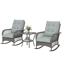 Outsunny Rocking Bistro Set, 3 Piece Wicker Patio Furniture with High Back Rocking Chairs and 2-Tier Glass Table, Light Grey(m-2)