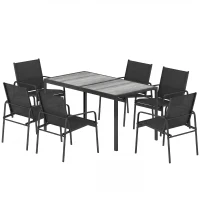 Outsunny Outdoor Dining Set for 6, Faux Wood Patio Table and Chairs with Breathable Mesh Seat, Galvanized Steel Frame, Black(m-2)