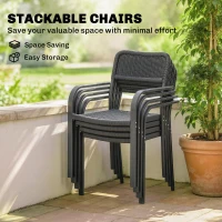 Outsunny Outdoor Dining Set for 4, Faux Wood Metal Patio Table and Stackable Chairs with Plastic Rattan Effect Seat, Black(m-7)