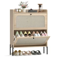 HOMCOM Shoe Cabinet with 2 Flip Drawers, Boho Narrow Shoe Storage Cabinet, Oak(m-11)