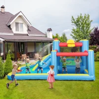Qaba Inflatable Water Slide Bounce House w/ 550W Blower, Large Trampoline, Splash Pool, Basketball Hoop, Dart Board(m-10)
