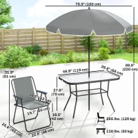 Outsunny 8 Piece Patio Table and Chairs Set with Folding Chairs, Tempered Glass Tabletop and Umbrella for Garden, Grey(m-3)