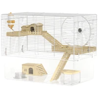 PawHut Hamster Cage with Deep Bottom, Wooden Ramp, Hut, Bathroom and Exercise Wheel for Hamster and Gerbil, White(m-2)