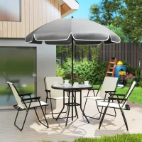 Outsunny 6 Pieces Patio Dining Set with Umbrella, Patio Furniture Set with Folding Chairs, Glass Table for Garden Backyard, Cream White(m-10)