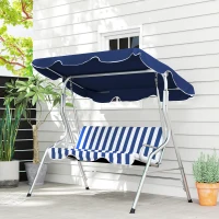 Outsunny 3-Person Porch Swing with Canopy, Patio Swing Chair, Outdoor Canopy Swing Bench with Adjustable Shade, Cushion and Steel Frame, Dark Blue & White Striped(m-2)