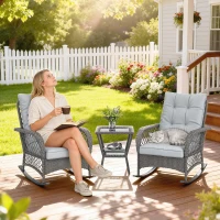 Outsunny Rocking Bistro Set, 3 Piece Wicker Patio Furniture with High Back Rocking Chairs and 2-Tier Glass Table, Light Grey(m-10)