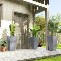 Outsunny 28" Tall Planters, Set of 3 Plastic Flower Pots with Marble Finish and Drainage Holes, Stackable Taper Planters, Gray(m-10)